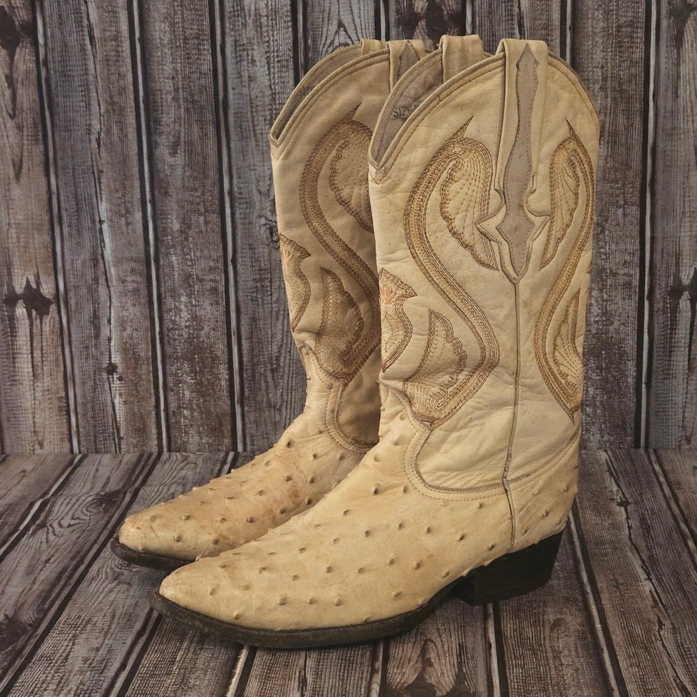 Sz 8.5 EE US Mens Santa Fe Cream Full Quill Ostrich Western Cowboy Boots